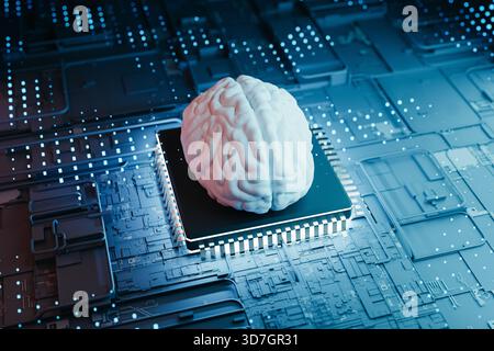 Neuromorphic AI Brain On Microchip Processor Copy Space. 3d rendering Stock Photo