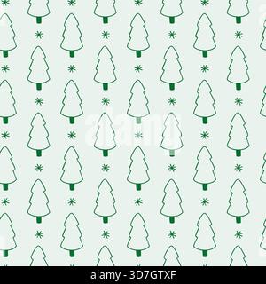 Seamless winter pattern with hand-drawn Christmas trees and snowflakes on light green background. Vector cozy seasonal background Stock Vector