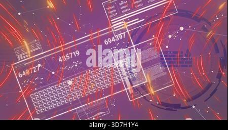 Displaying clear wireframe keyboard, floating data panels in virtual HUD, showing numeric readouts Stock Photo