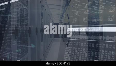 Displaying server aisle showing vented doors, LEDs and File  ENCRYPTION overlay in server room Stock Photo