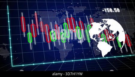 Displaying centered candlesticks pulsing on 3D-grid, world-map, white-globe, neon-axes -158 Stock Photo