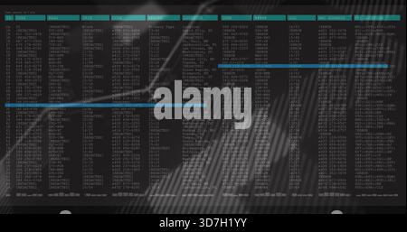 Displaying widescreen monitor showing dense table at workstation, with mono font, cyan highlights Stock Photo