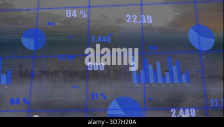 Displaying translucent blue grid overlay with pie charts bar chart metrics over hazy harbor skyline Stock Photo