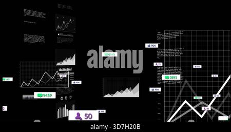 Displaying cluster of overlapping line graphs and metric badges on black UI canvas, showing icons Stock Photo