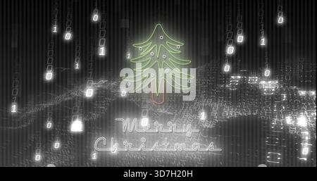 Glowing neon Christmas tree showing Merry Christmas text in virtual data space with falling binary Stock Photo