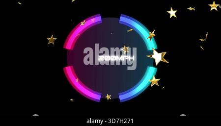Glowing HUD graphic displaying magenta and cyan arcs on black backdrop, 200MPH and gold stars Stock Photo