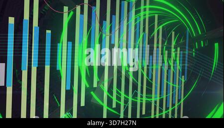Displaying abstract HUD dominating center, showing vertical bars, neon-green rings, red or cyan trac Stock Photo