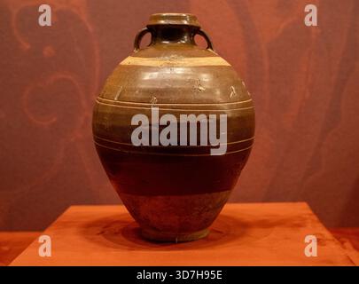 Brown-Glazed Double-Handled Porcelain Vase of Xixia Dynasty(1038-1227) from Ningxia Museum Collection. Stock Photo