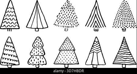 Black line Christmas trees, hand drawn vector doodle set. Winter monochrome outline and dotted signs, various types of fir, spruce, pine with abstract Stock Vector