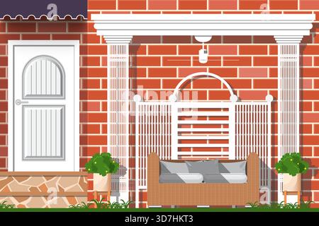 Front garden with white steel in the shape of a Roman column and sofa on brick wall background. Stock Vector