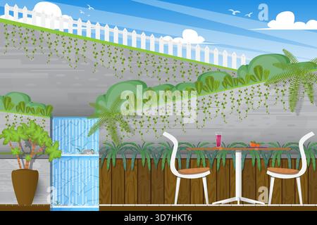 Garden in cafe with small waterfall and slope wall on blue sky background. Stock Vector