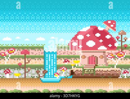 Mushroom house on log and terraced ground with mushroom plant in pixel game style. Stock Vector