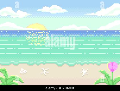 Sea and beach in morning with sunrise on blue sky background in pixel style. Stock Vector