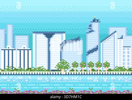Modern buildings in the city on blue sky background with lake in pixel game style. Stock Vector