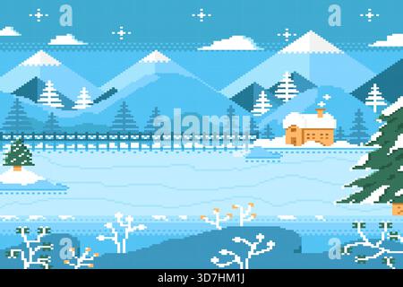 Winter with ice floor and house on snow in pixel game. Stock Vector