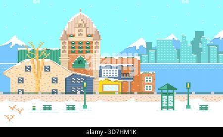 City in winter with river and buildings background and park foreground. Stock Vector