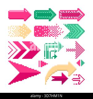 Set collection of Arrow pixel in classic game or graphic on white background. Stock Vector