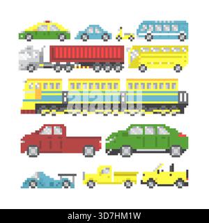 Different Cars or Icon in pixel game on white background. Stock Vector