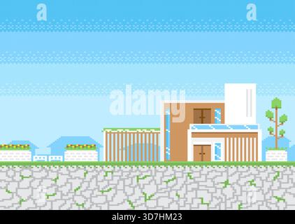 Modern house with plant pot on green grass in pixel game style. Stock Vector