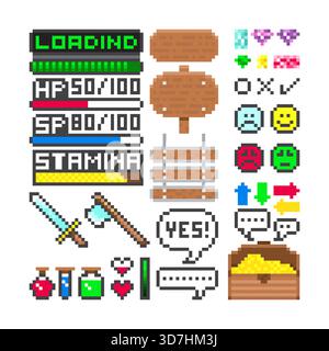 Set of pixel game icon collection on white background with Weapons and Power Ups. Stock Vector