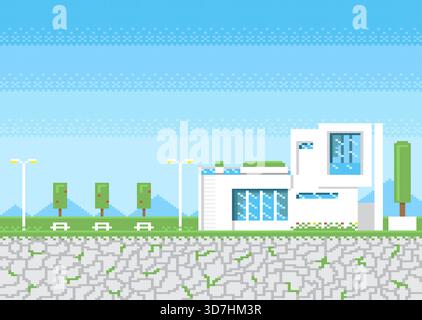 Modern house on stone step with park and lamp post in pixel game style. Stock Vector