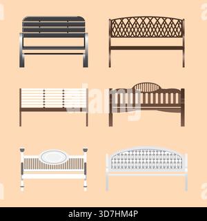 Collection of outdoor benches from different on cream background. Stock Vector