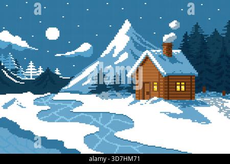 Wooden house with light of window at night in winter with mountain and pine. Stock Vector