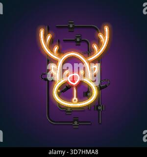 Christmas decorations from neon. Rudolph neon design. Christmas neon icon. Stock Vector