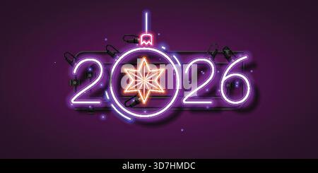A vibrant neon-style illustration of 2026 featuring glowing purple numbers and a central ornament with a radiant orange star, set on a rich dark backg Stock Vector