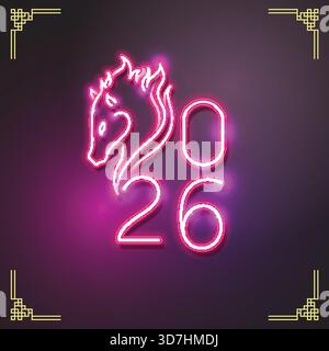 Celebrate Chinese New Year 2026 in style with this vibrant neon-style illustration featuring a glowing horse head, symbolizing the Year of the Horse i Stock Vector