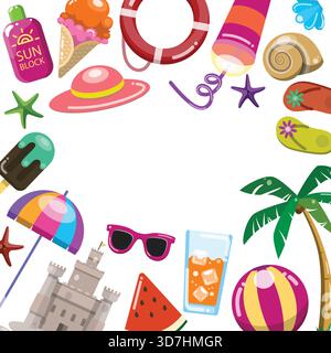 A vibrant summer-themed border frame illustration featuring a variety of fun vacation and beach icons around the edges. Includes items like sunglasses Stock Vector