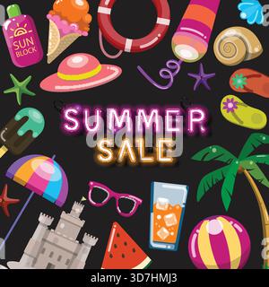 Bright and vibrant summer sale design featuring glowing neon-style typography surrounded by playful holiday elements such as sunscreen, ice cream, bea Stock Vector