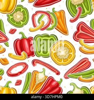 Vector Colorful Pepper Seamless Pattern, square background with flying cartoon sweet peppers with seeds, placard with group still life composition of Stock Vector