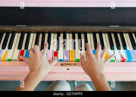 Overhead shot of hands playing a colorful piano, creating a musical melody. Hamilton, ON Stock Photo