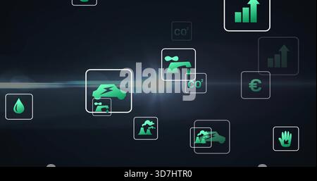 Displaying neon-green eco icons in rounded squares floating on dark UI, showing electric car, CO2 Stock Photo