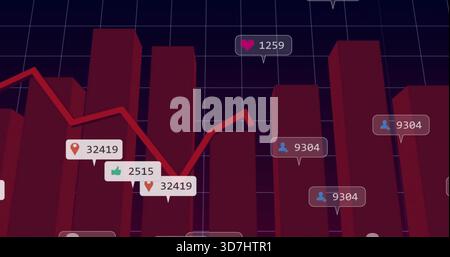 Showing maroon 3D bars with red line trend rising on dark navy grid, with icon labels Stock Photo