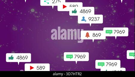 Floating white notification bubble cluster on purple gradient backdrop showing icons and numbers Stock Photo