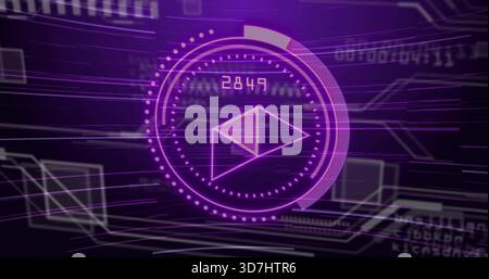 Animating central HUD pulsing dotted ring, envelope, progress arc and numeric 2849 in cyberspace Stock Photo