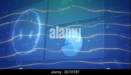 Displaying glowing blue icon floating over clear grid panels, with left radar and tan streaks Stock Photo