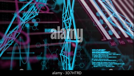 Displaying turquoise-blue 3D lattice occupying center in virtual lab, pulsing with hexagons Stock Photo