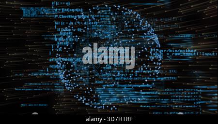 Pulsing blue data-point globe rotating in virtual space, streaming source-code text and streaks Stock Photo
