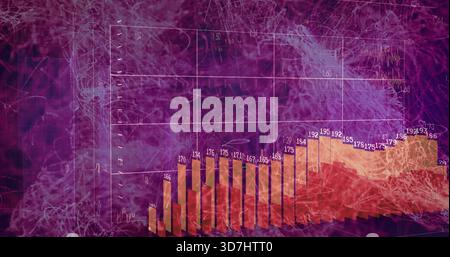 Displaying 3D bar chart cluster rising center-right in digital art, with labels, lines, grid, smoke Stock Photo