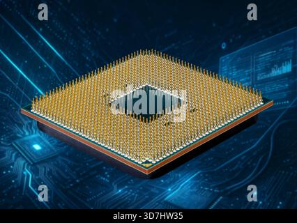 Close-up of a high-tech microprocessor with gold-plated pins surrounded by blue digital circuits and printed circuit boards Stock Photo