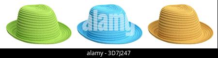 Set of woven straw hats shown from different angles isolated on white background, showcasing summer fashion accessories. Stock Photo