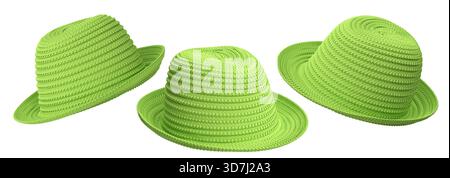 Set of woven straw hats shown from different angles isolated on white background, showcasing summer fashion accessories. Stock Photo