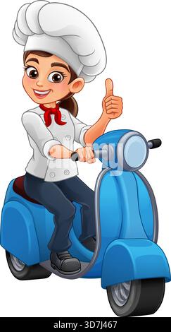 Woman Female Chef Scooter Food Delivery Thumbs Up Stock Vector