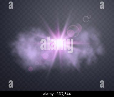 Pink sunlight lens flare in cloud, sun flash with rays and spotlight. Pink glowing burst explosion on a transparent background. Vector illustration. Stock Vector