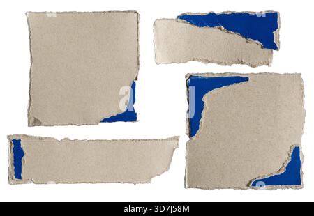 Pieces of torn paper box packaging featuring blue and gray color isolated on white background with clipping path Stock Photo