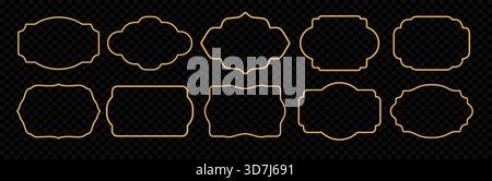Golden ornamental 3d frame set. Oriental style shiny realistic Islamic windows, Indian border, decorative element, morocco shapes. Vector illustration Stock Vector