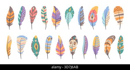 Tribal pattern feathers. Decorative stylized bird plumage boho elements, cute folk ornaments, ethnic motifs, natural material, eagle plume, colorful Stock Vector